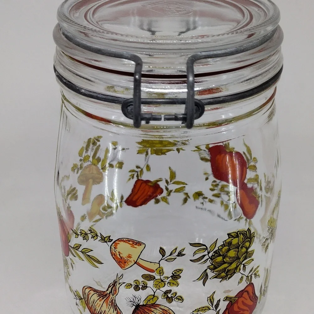 Vintage Arc France Spice‎ of Life Print Glass Hinged Canister 1 Liter